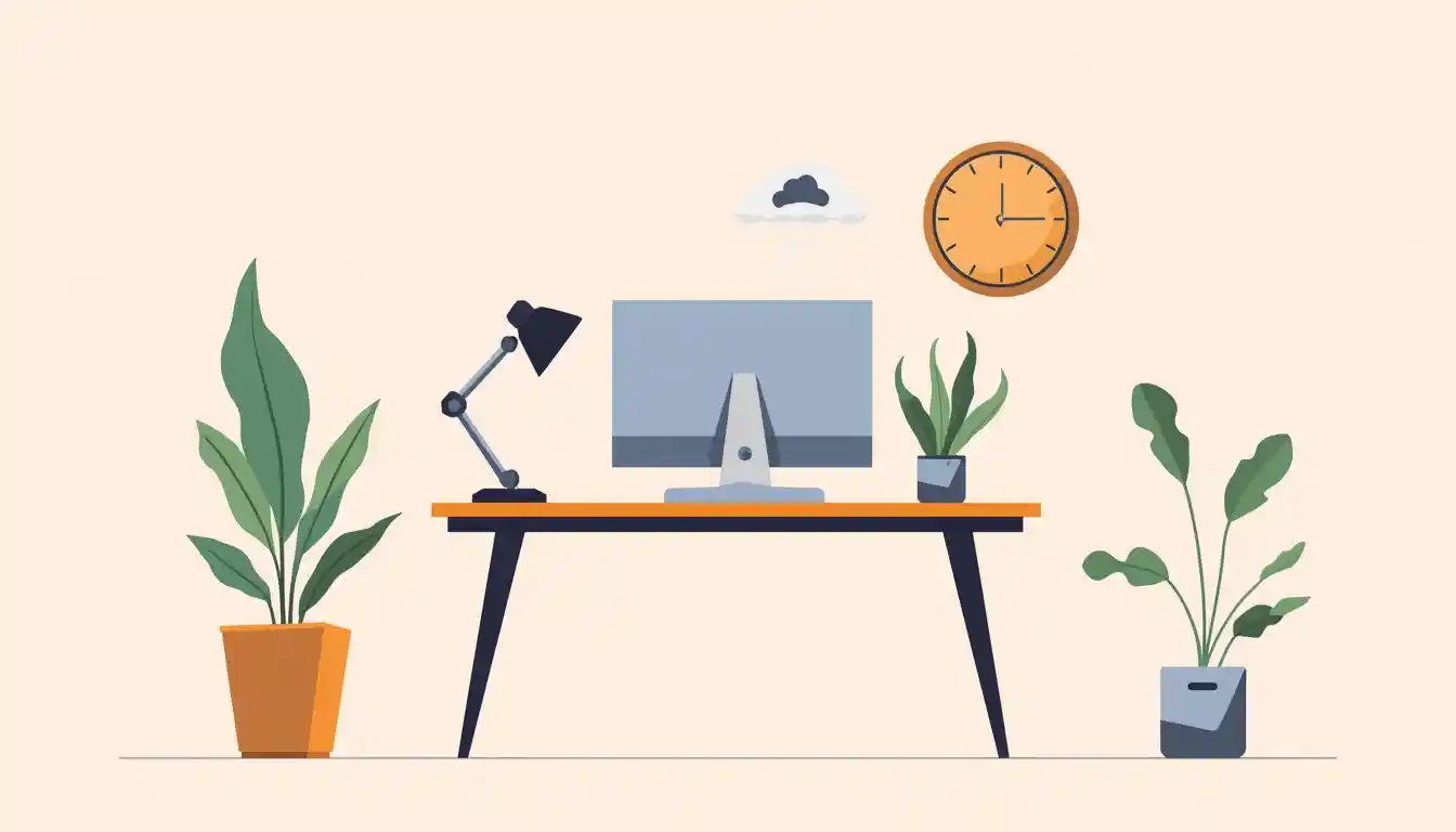 Minimal abstract illustration of a balanced desk workspace with comfort awareness elements